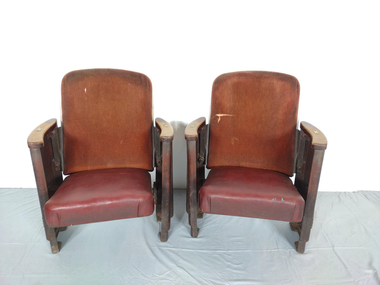2 Senate Theater Seats Harrisburg, PA: Senate Theater: (1938-1988) Previously located at 12-15 N. Second St. in Harrisburg. 24-1/2" wide X 24" deep X 31" high. Both have wear and discoloring. One has rip in back rest. MG.
