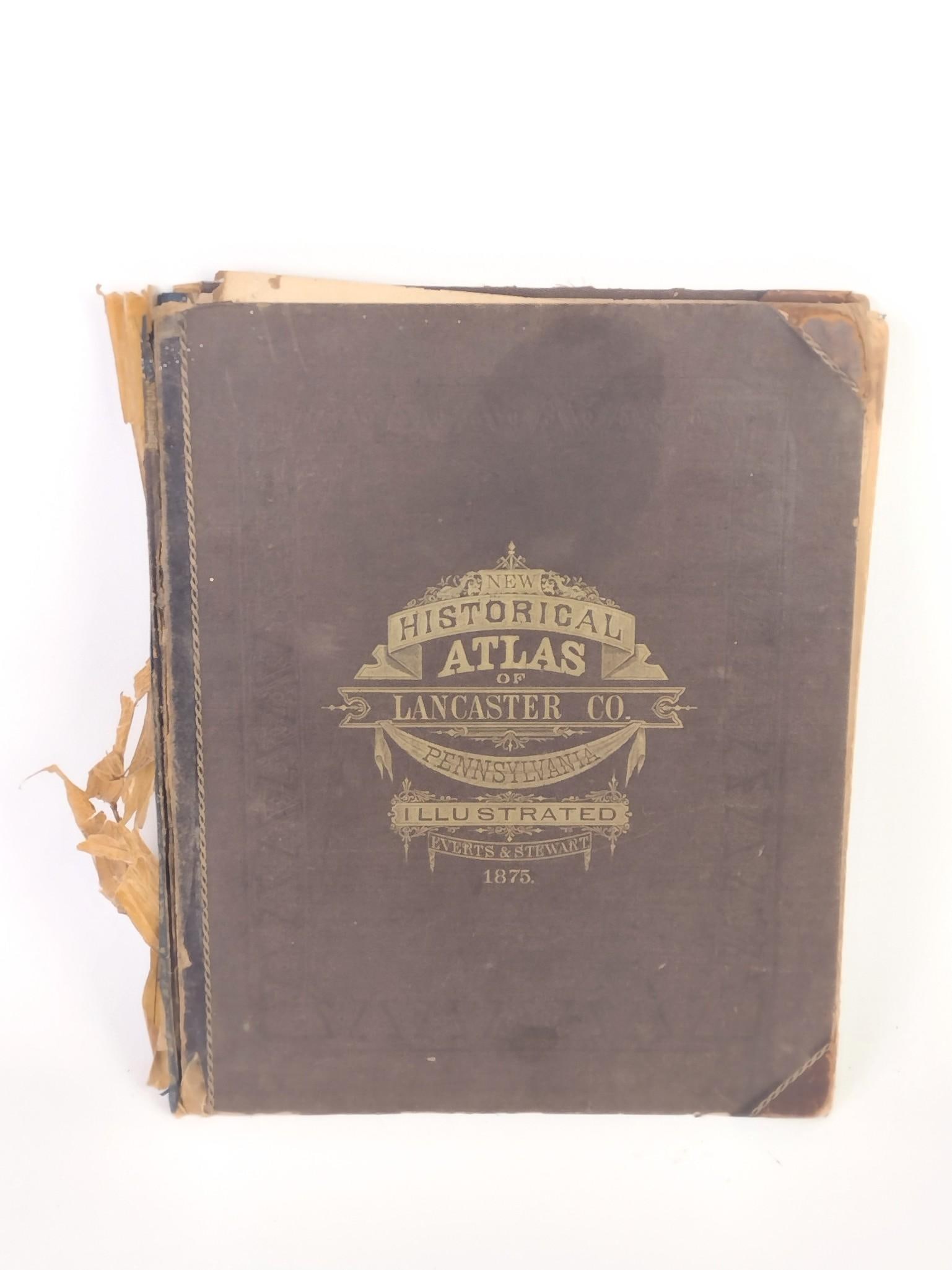 1875 Atlas Map of Lancaster County, PA: Pages loose, front and back cover detached. Overall toning, tears, losses and taped spine.