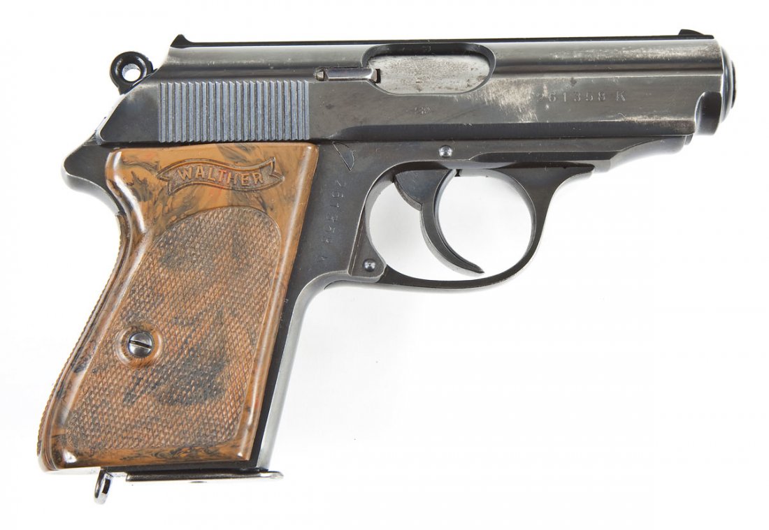 Walther PPK Pistol - .32 Automatic: SERIAL #: 261358K DESIGN: Semi-automatic with detachable magazine. 3-1/4" barrel. MATERIAL/FINISH COMPOSITION: Blued steel. Brown/black plastic grip panels. FEATURES: Blade front sight. Notched rear s