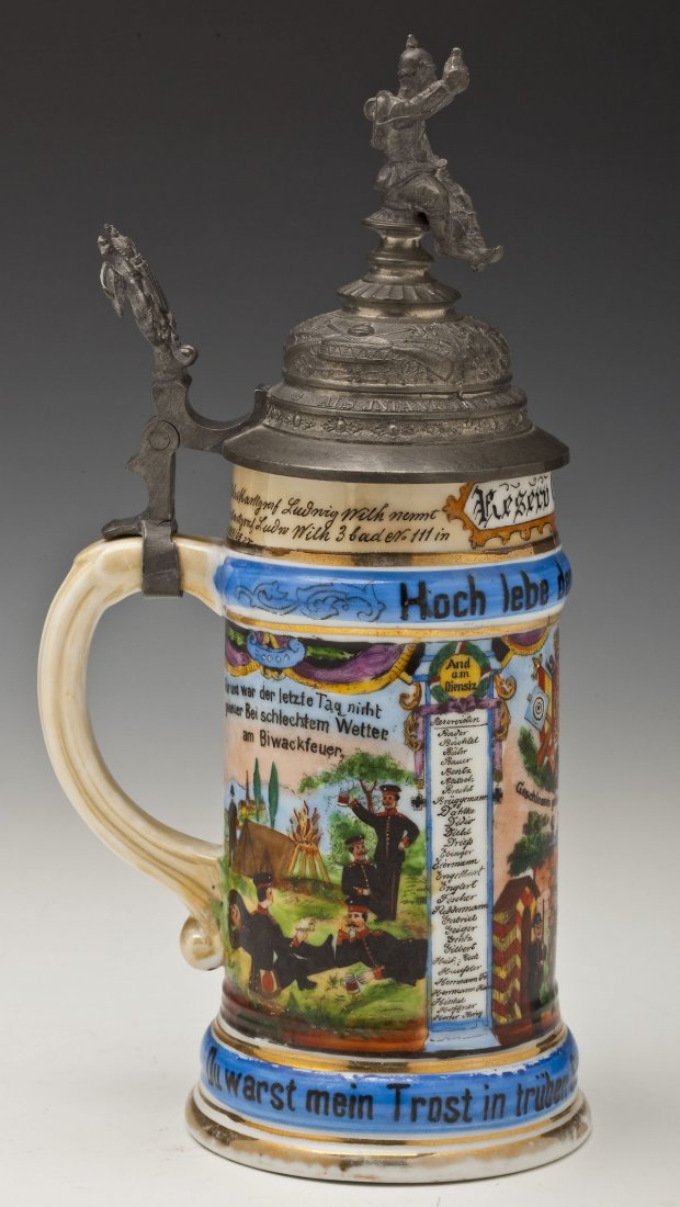 C 1905 Prussian Regimental Lithophane Stein: DESCRIPTION: A Prussian regimental stein dated 1903-05 belonging to a soldier named Gabriel as noted at rim. Front scene of crest over soldiers flanked by lists of the soldiers' names (including Gabri