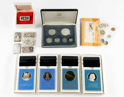 Silver Comemmoratives Silver Proofs Silver Bars: Three Sterling Silver Franklin Mint Medals .9 troy ounces each, one sterling silver 1000 grain bar (2.1 troy ounces), five pure silver bars one troy ounce each. Three proof sets 1958, 1959, 1960, One