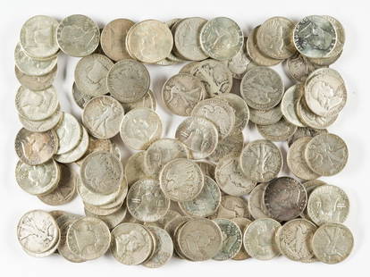 98 Silver Walking Liberty and Franklin Halves: 98 coins with many better grades including uncirculated Franklin Halves. Over 1/4 of them are Walking Liberty.