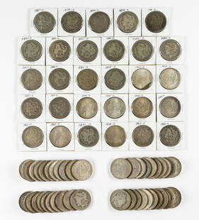 72 Morgan Silver Dollars: Common dates but some better coins, many different date/mintmarks. Total of 72 Silver Dollars