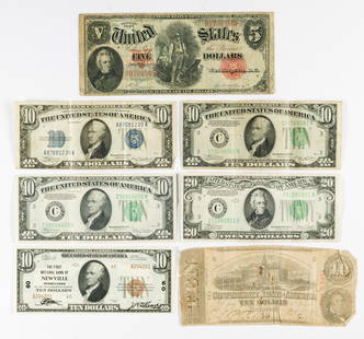 US Five Dollar Bill 1907 Bank of Newville Pennsylvania Ten 1929: (1) First National Bank of Newville Pennsylvania Ten Dollars 1929 in unused condition. (1) U.S. five Dollar Bill 1907 heavy wear but no losses. (3) 1934 ten Dollar bills one a blue seal silver certifi