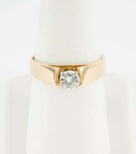 14K Gold & .45 Ct Diamond Solitaire Ring: Marked 14k yellow gold ring, platinum prong top set with approximately .45 carat round brilliant cut diamond. Clarity SI1, Color H-I. 3.8 grams. Size 7-3/4.