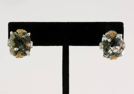 Sterling, 14k Gold & Green Quartz Earrings: Pierced omega back earrings marked 925 14k NF Thailand. Each set with faceted green quartz. 5/8" high. Includes gift box.