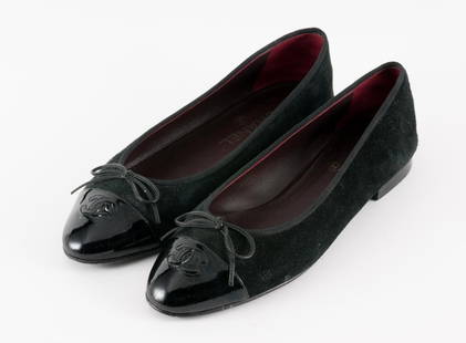 Pr. Suede & Patent Black Leather Ballet Flats: Pair suede & patent black leather ballet flats. Size 41. Wear to bottom of shoes. Scuffing to patent toe. MEG