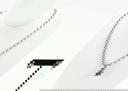 Effy BH Sterling & 18K Necklace & Earrings Set: Marked 925 18k sterling with gold accent necklace and earrings set each with cushion cut blue topaz. Necklace signed Effy, earrings and pendant signed BH (an Effy mark). Pierced omega back earrings 3/