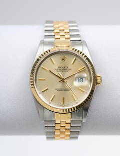 Rolex 18k Stainless Datejust Model 16233 Box and Papers: Full size "Men's" Rolex Datejust, 36 mm case size, from 1990. Overall excellent condition and keeping time (not checked for accuracy within specifications). Quickset functions and date turns over at 1