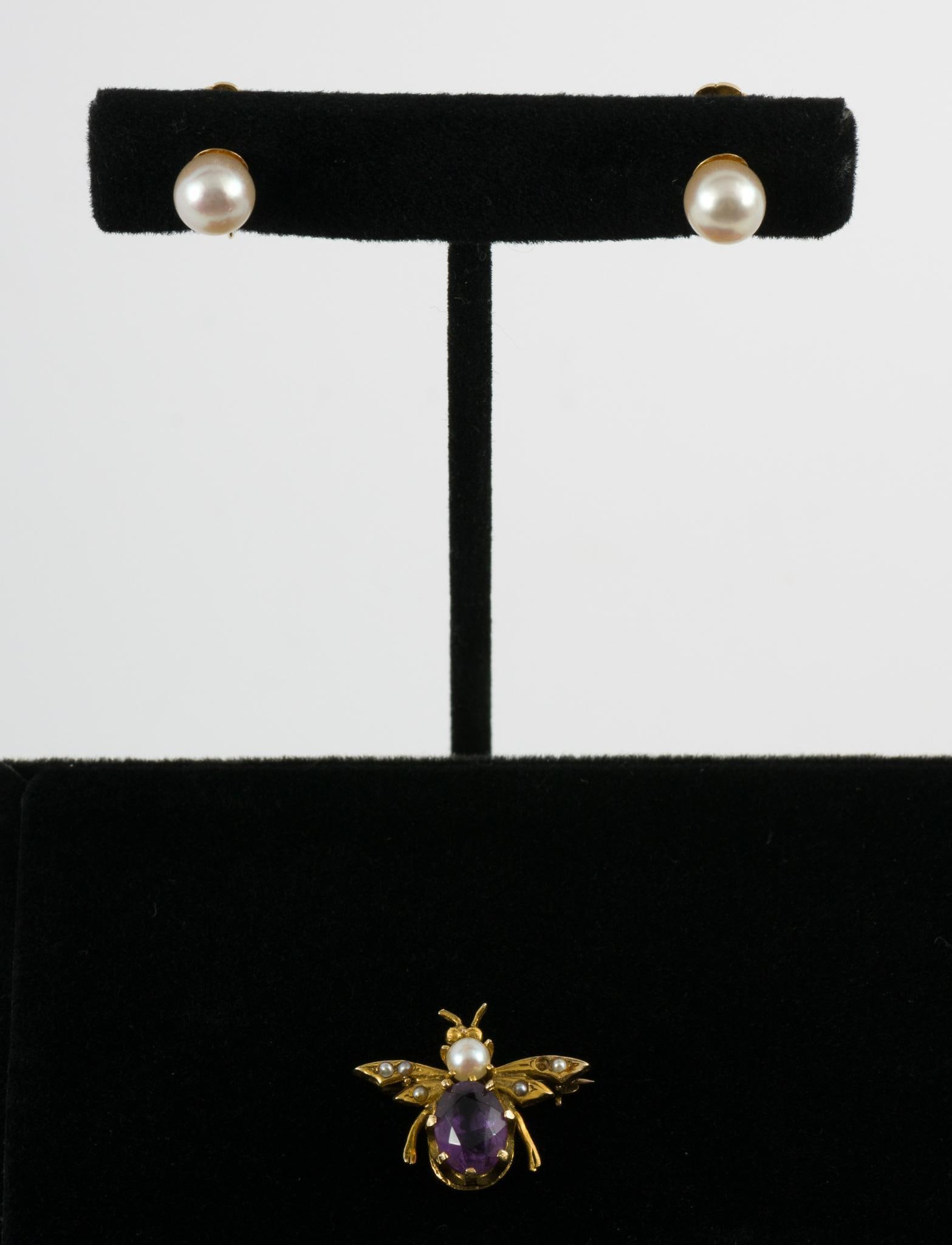 14K Gold & Pearl Earrings and Amethyst Bee Brooch (1 of 5)