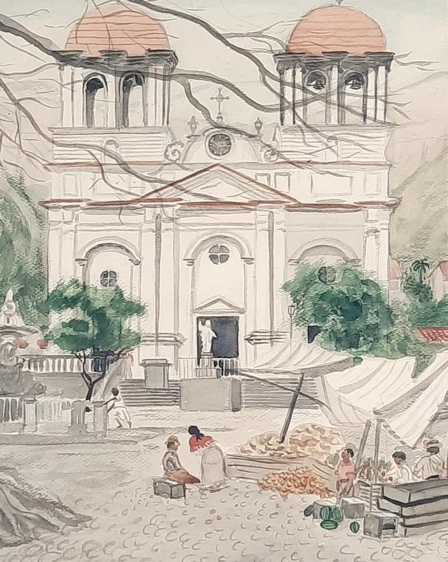 Framed Market / Architectural Watercolor: Unsigned. Sight: 20-1/2" high x 16-1/4" wide. Overall with frame 25-1/4" high x 21" wide. Some scratches and finish losses to frame. LR
