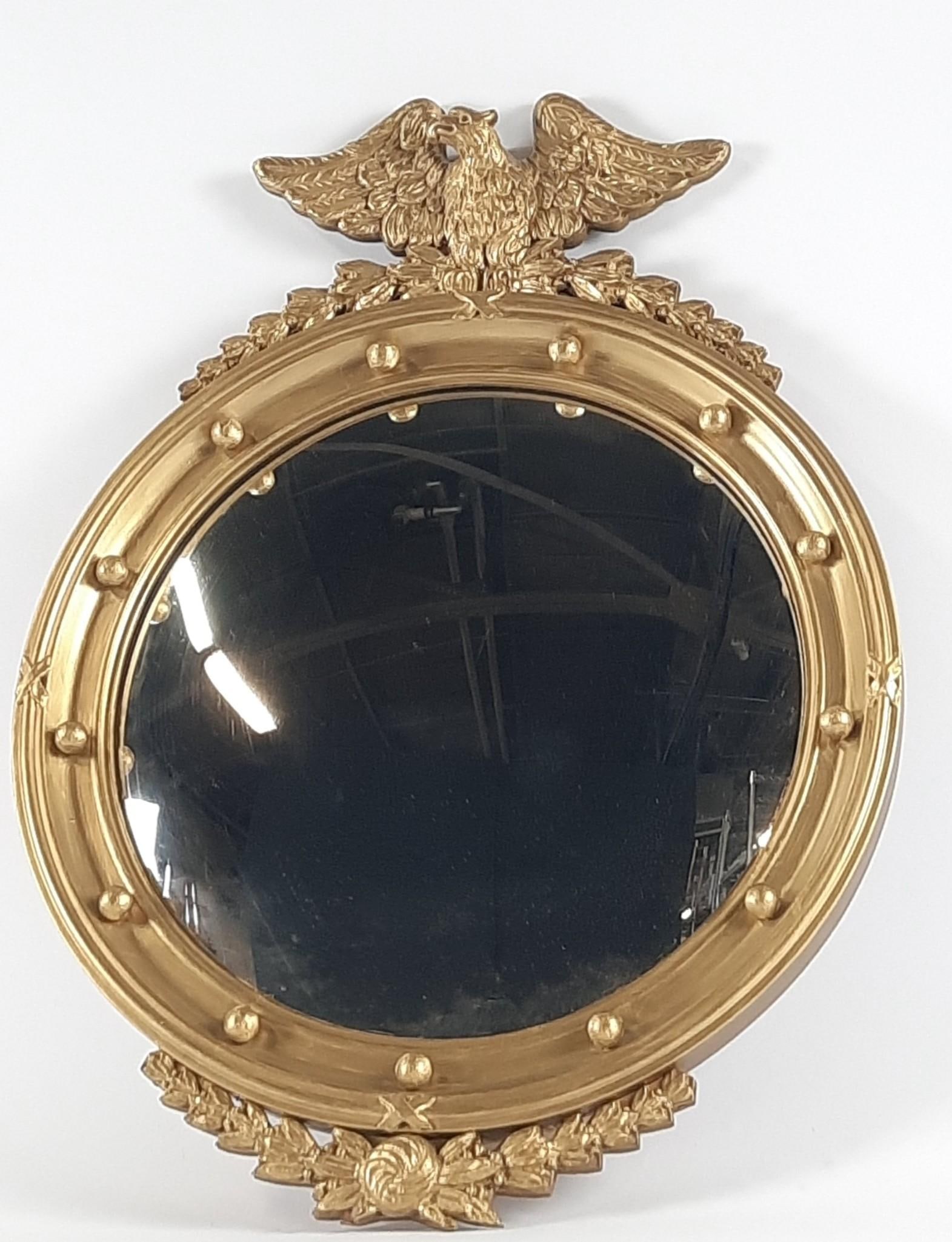 Eagle Crest Mirror: Overall with frame 29-1/4" high x 21-3/4" wide. Minor frame losses. LR