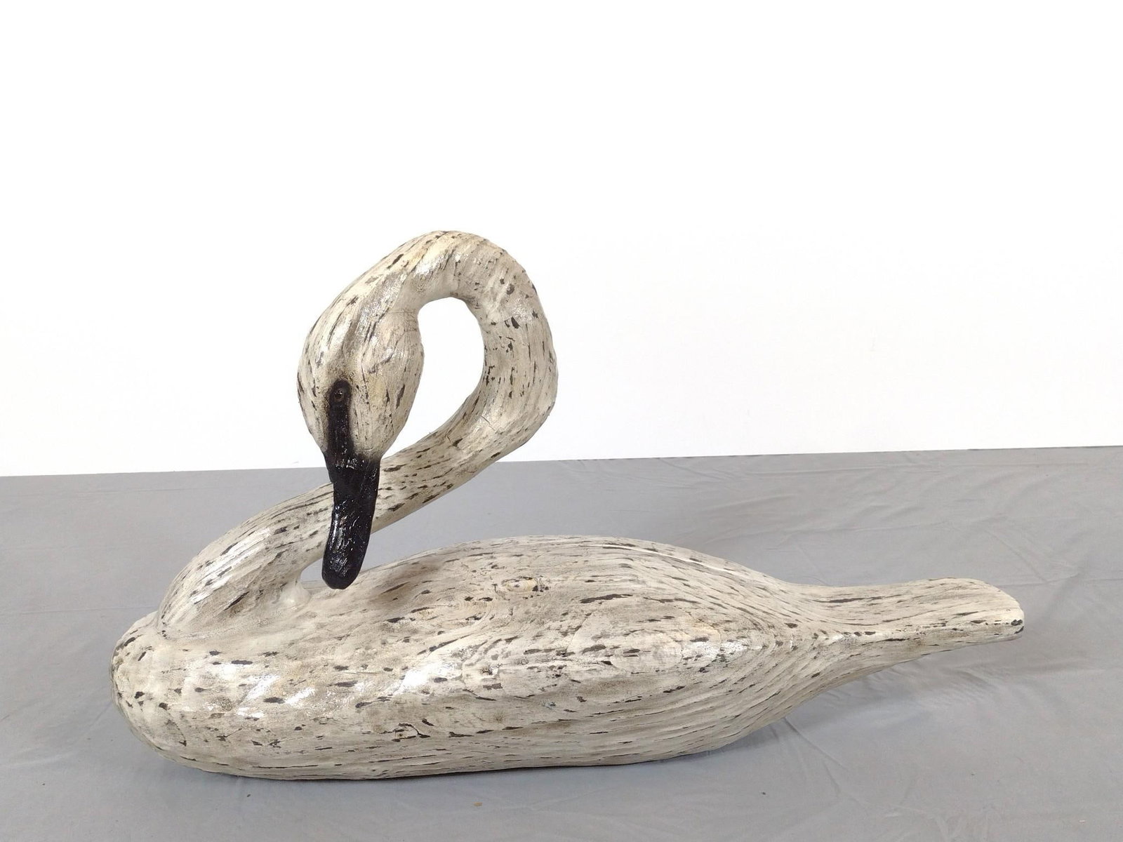 Signed Wood Carved Swan: Signed Michael and Susan Keasey 2014. 9" wide X 29" deep X 17-1/2" high. MG.