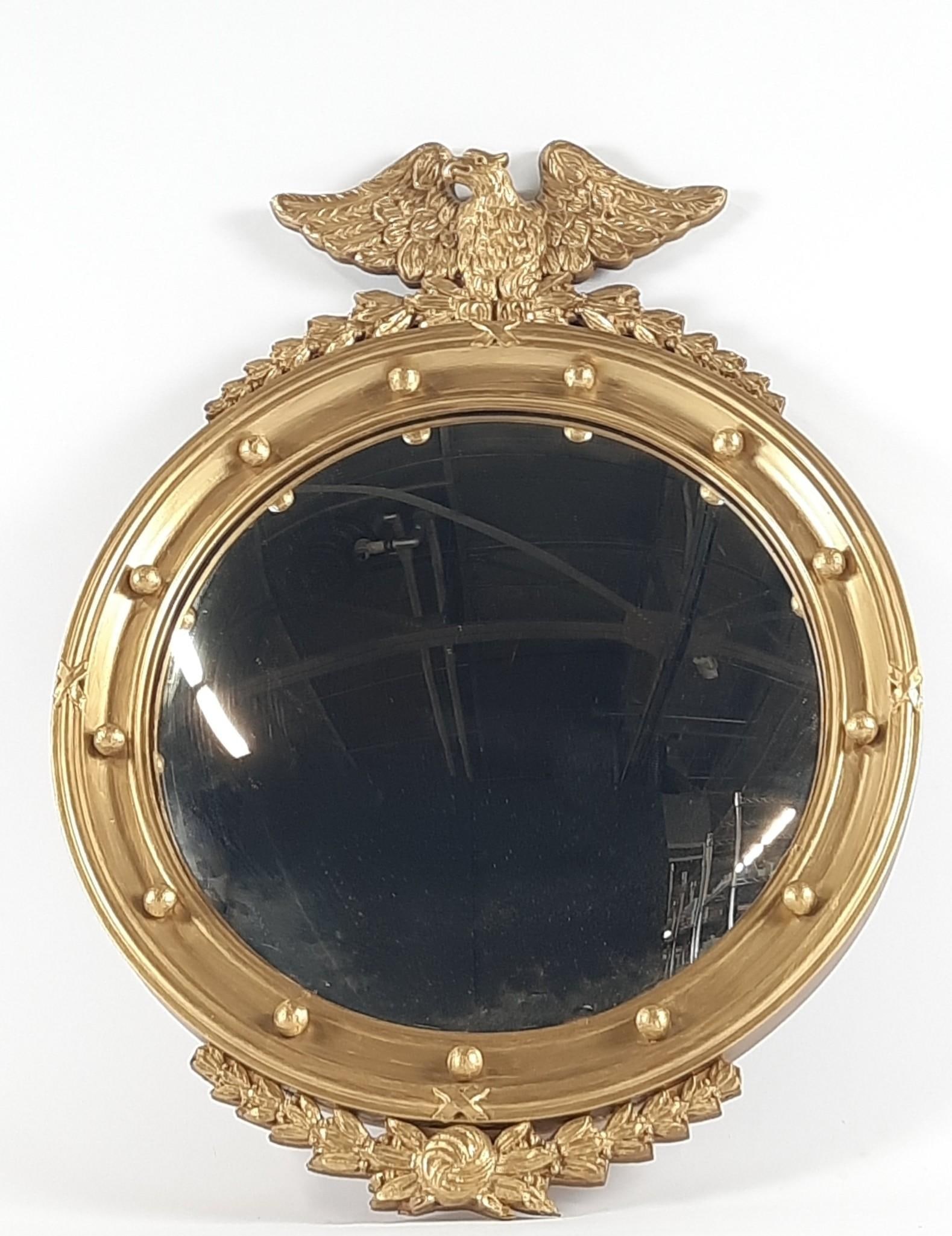 Eagle Crest Mirror: Overall with frame 29-1/4" high x 21-3/4" wide. Minor frame losses. LR