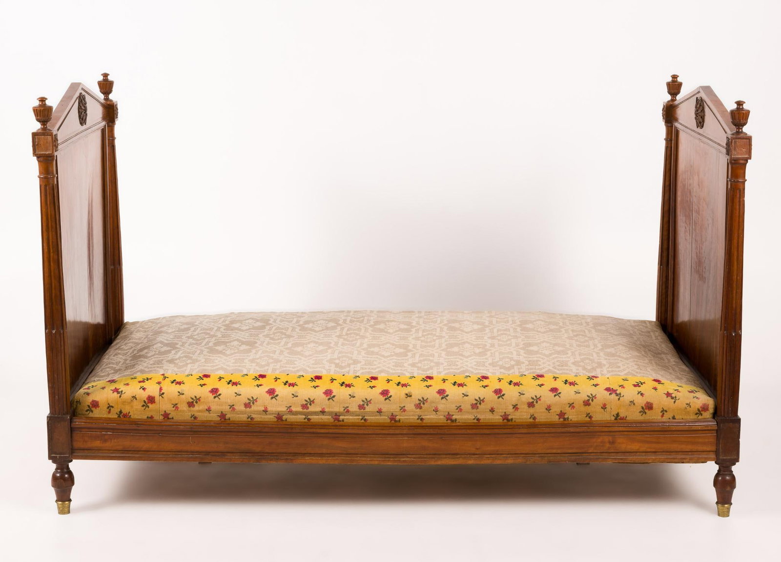 Classical Bed: Very fine classical styled three quarters bed probably 19th century. Consisting of matching head and foot boards that incorporate a triangular classical pediment flanked by tapered fully articulated c