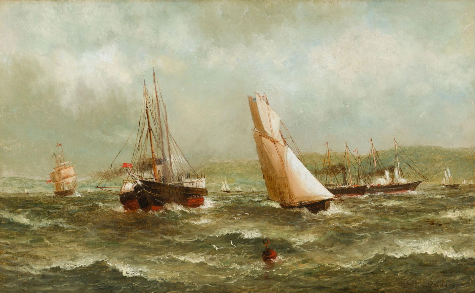 Wesley Webber 1841 - 1914 Oil on Canvas Maritime Painting Sailboats & Steamships (1 of 5)
