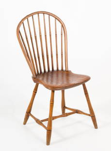 Pennsylvania Bowback Windsor Chair: DESCRIPTION: A mixed woods Pennsylvania bowback Windsor chair circa 1810. The form consisting of faux bamboo turned legs with shaped slab seat with a hoop back and nicely turned supports. MEASUREMENT: