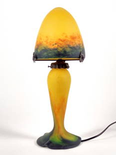 Le Verre Francais Art Nouveau Glass Lamp: Circa 1920s. Overall 6" diameter x 15-1/2" high. Shade with 2 scratches. Shade and base with bubbles. LR