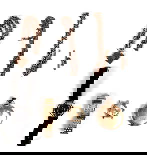 7 Watches and Watch Chains: Includes 1.) Elgin pocket watch. Number 1191714 etched in case. Not running. 2.) Hamilton wrist watch. Not running. 3.) Bulova watch without band. Starts and stops. 4.) Kennedy half dollar reproductio