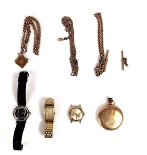 7 Watches and Watch Chains: Includes 1.) Elgin pocket watch. Number 1191714 etched in case. Not running. 2.) Hamilton wrist watch. Not running. 3.) Bulova watch without band. Starts and stops. 4.) Kennedy half dollar reproductio