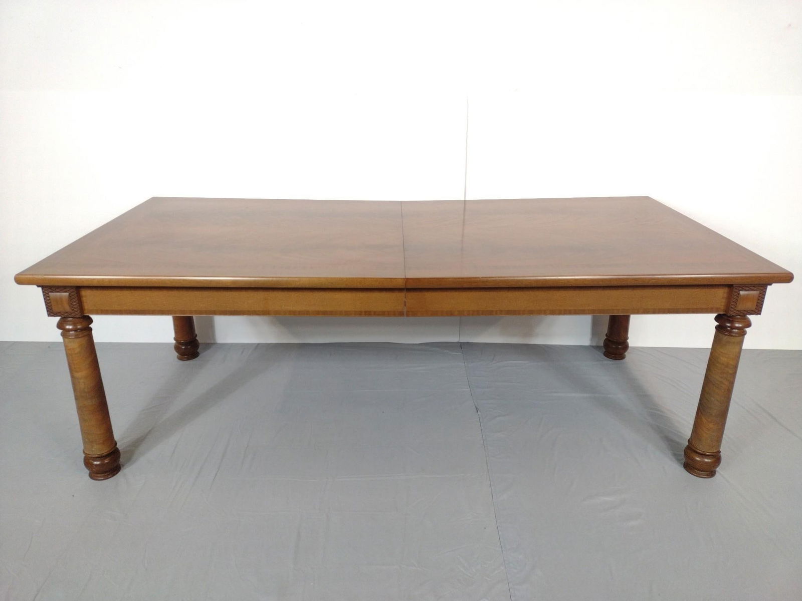 Antique Banquet Dining Table: 90-1/2" wide X 42-1/4" deep X 31" high. Has some scratches to table too. Veneer starting to lift on legs. MG.