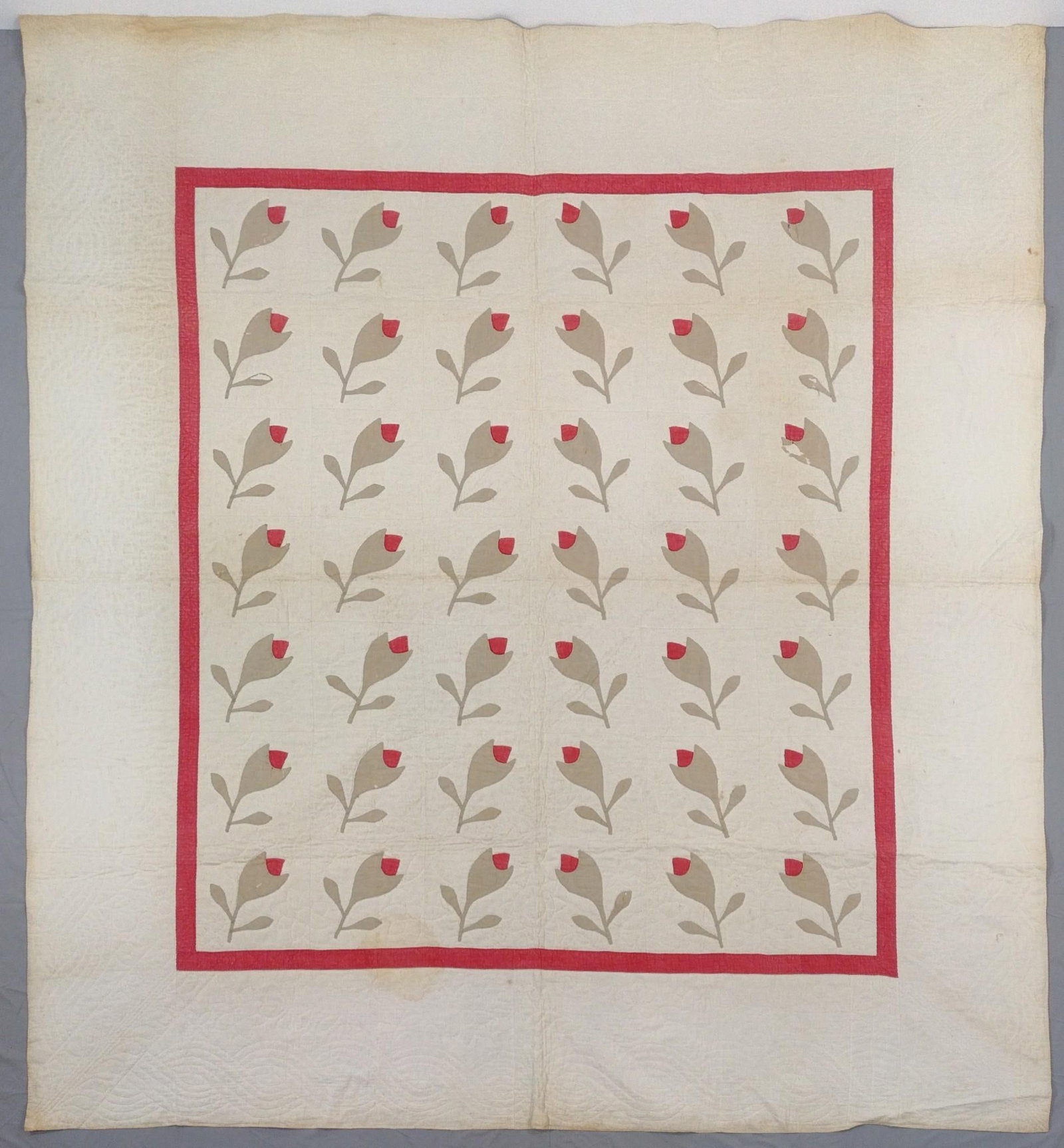 Vintage Floral Quilt: Some staining and losses. 76" wide X 84" long. MG.