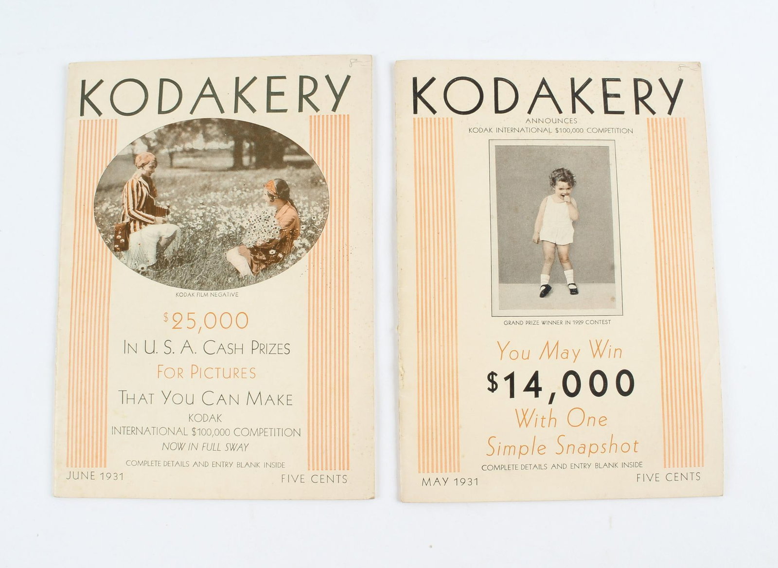 2 Kodakery Magazines: Includes May & June 1931. Each with advertisements for Kodak, tips, and more. 5-1/2" wide x 7-1/2" long. In great condition. MEG