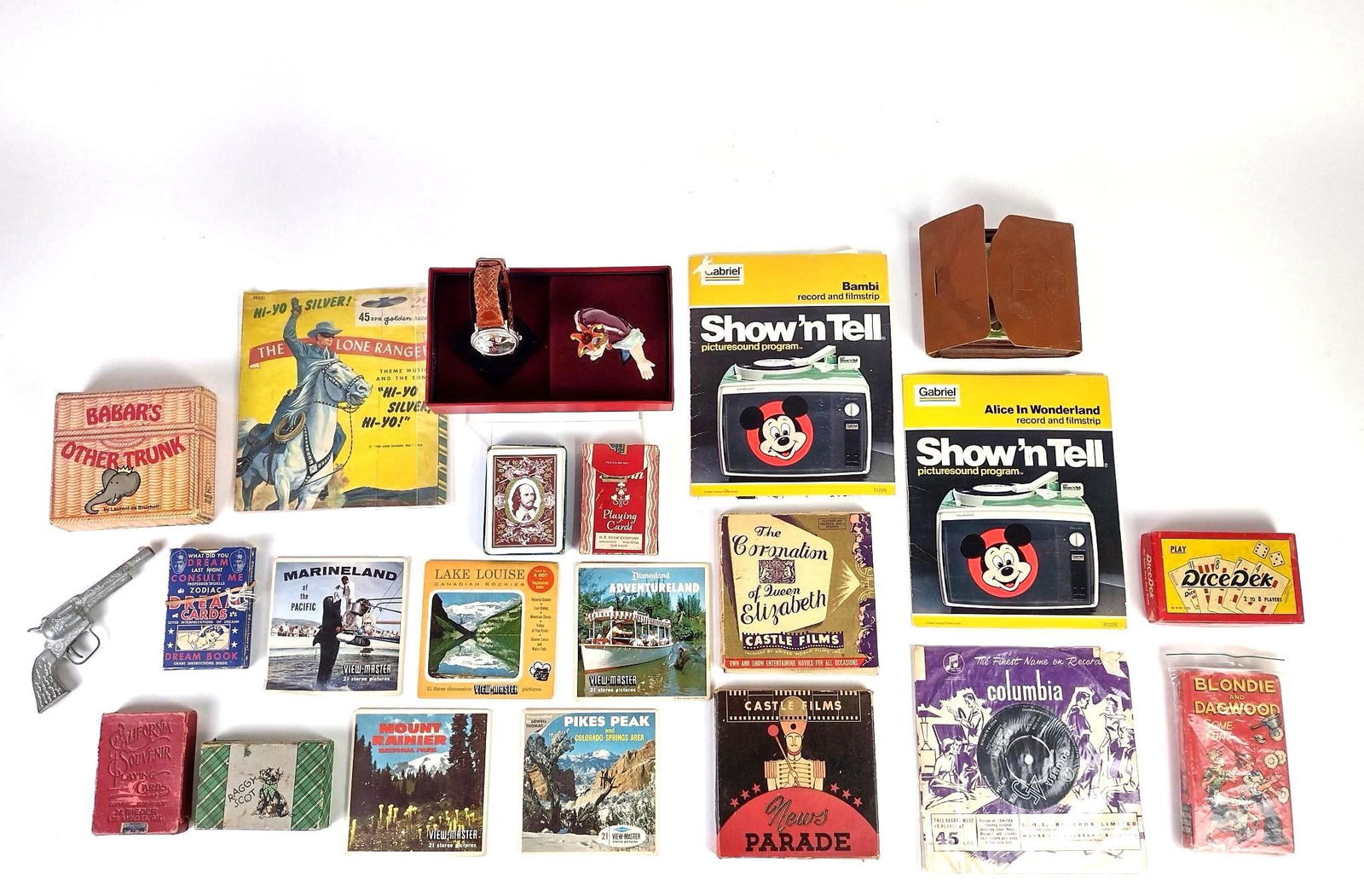 Large Collection of Vintage Toys and Games incl Military: Includes military issue card set, Disney, cap gun and more.