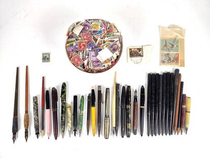 Large Grouping Writing Implements and Cancelled Stamps: Some with 14K nib.