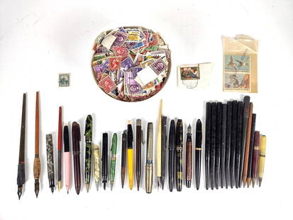 Large Grouping Writing Implements and Cancelled Stamps: Some with 14K nib.