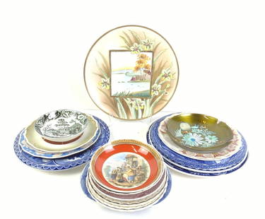 16 Pcs Ceramic and Metal Plates: Includes Nippon, transferware, and more. 4-3/4" to 10-3/4" diameter.