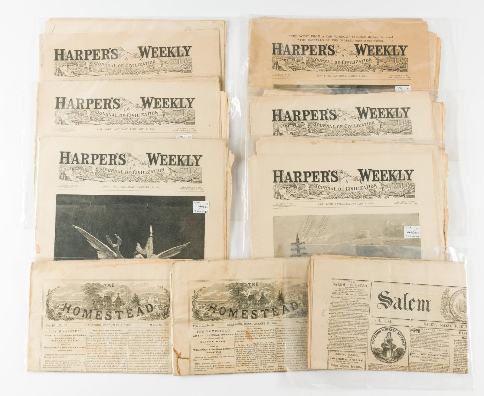 9 Antique Newspapers incl Harper's Weekly: Also includes sale on register and the homestead.