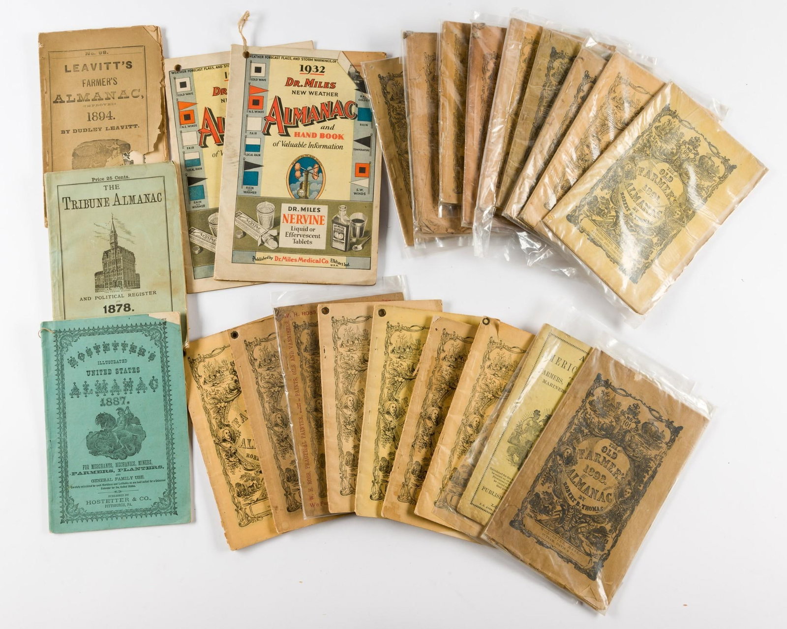 23 Farmer's Almanacs: Some with losses and discoloration. Due to being in storage for a number of years, please note that these books may contain silverfish and minor silverfish damage. This primarily effects the binding a