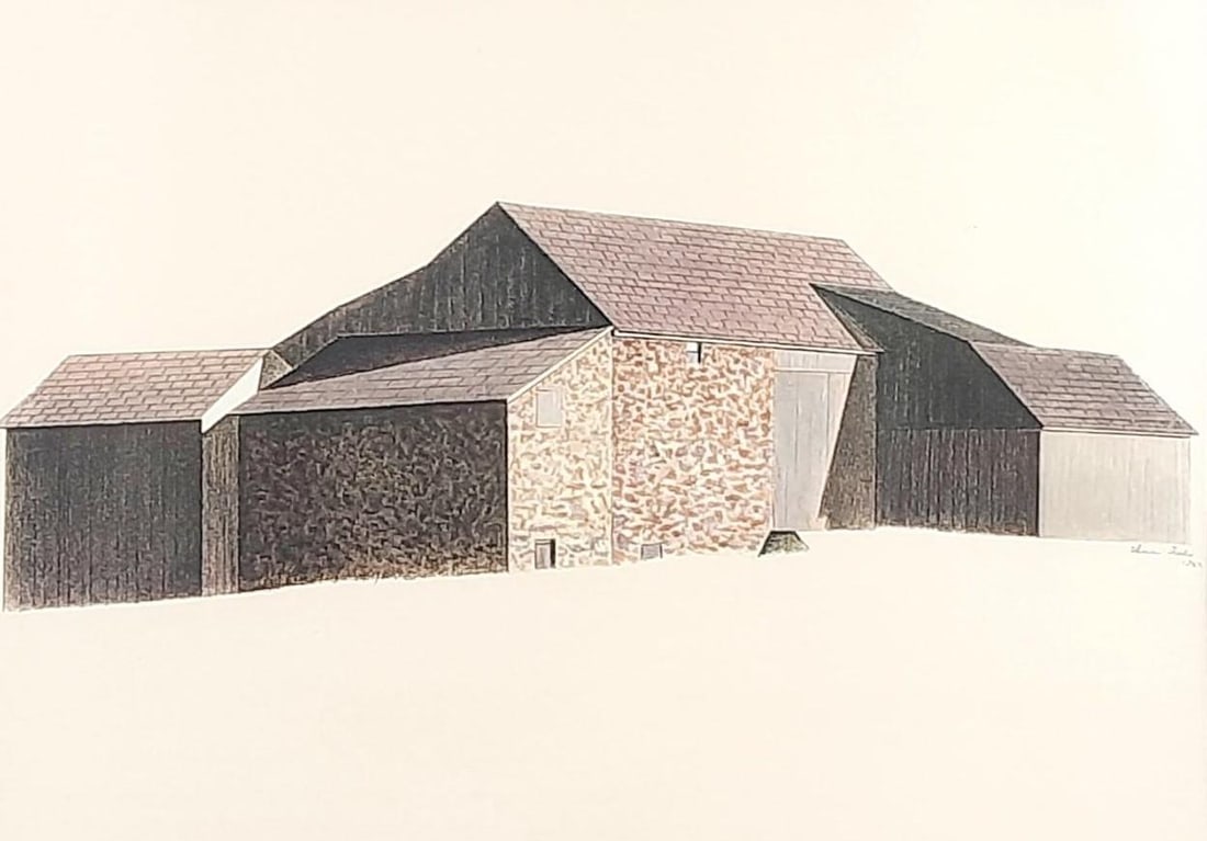 Charles Sheeler "Bucks County Bank Barn" Print: Sight 18" high X 23-1/2" wide. Overall with frame 23-1/2" high X 29-1/2" wide.