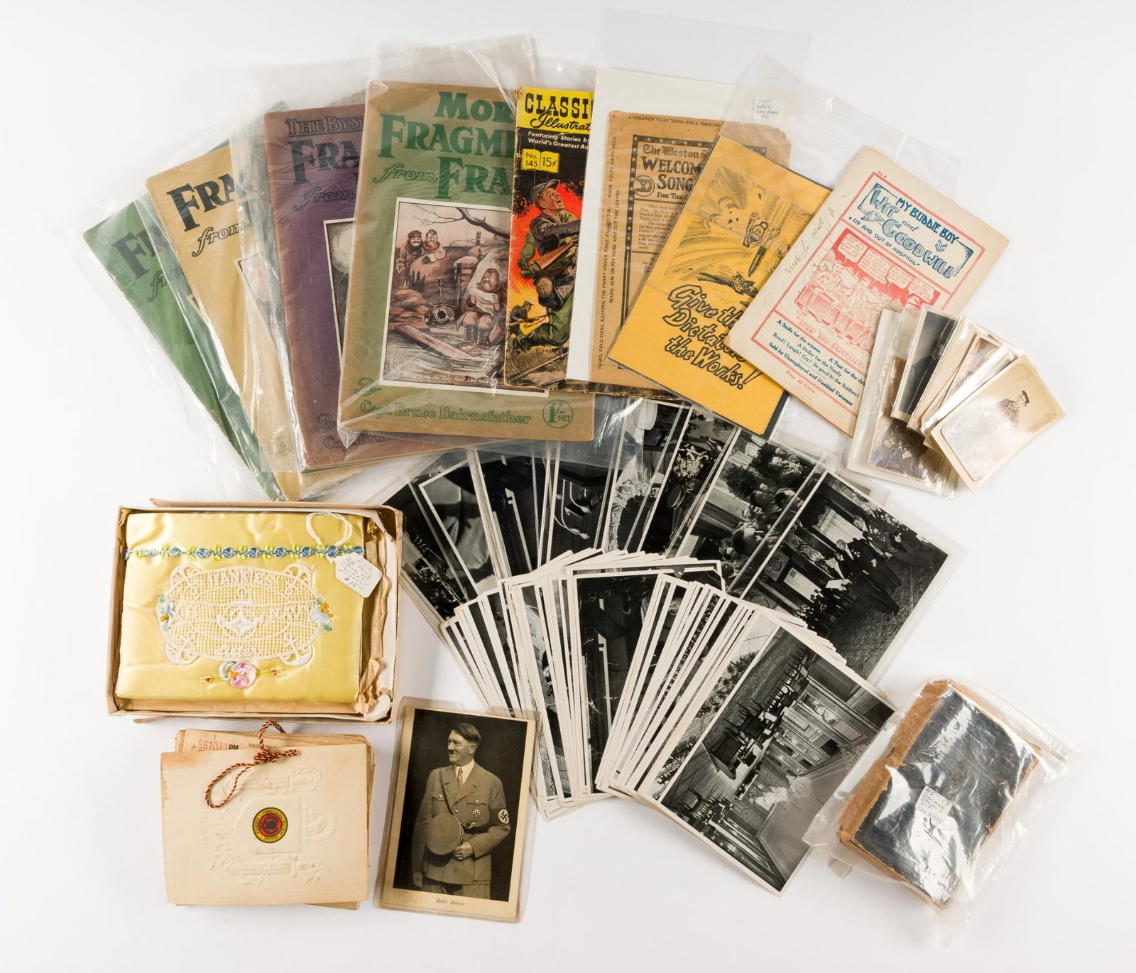 Grouping of History Ephemera: Includes Hitler photo reprints, war ration books, and more.
