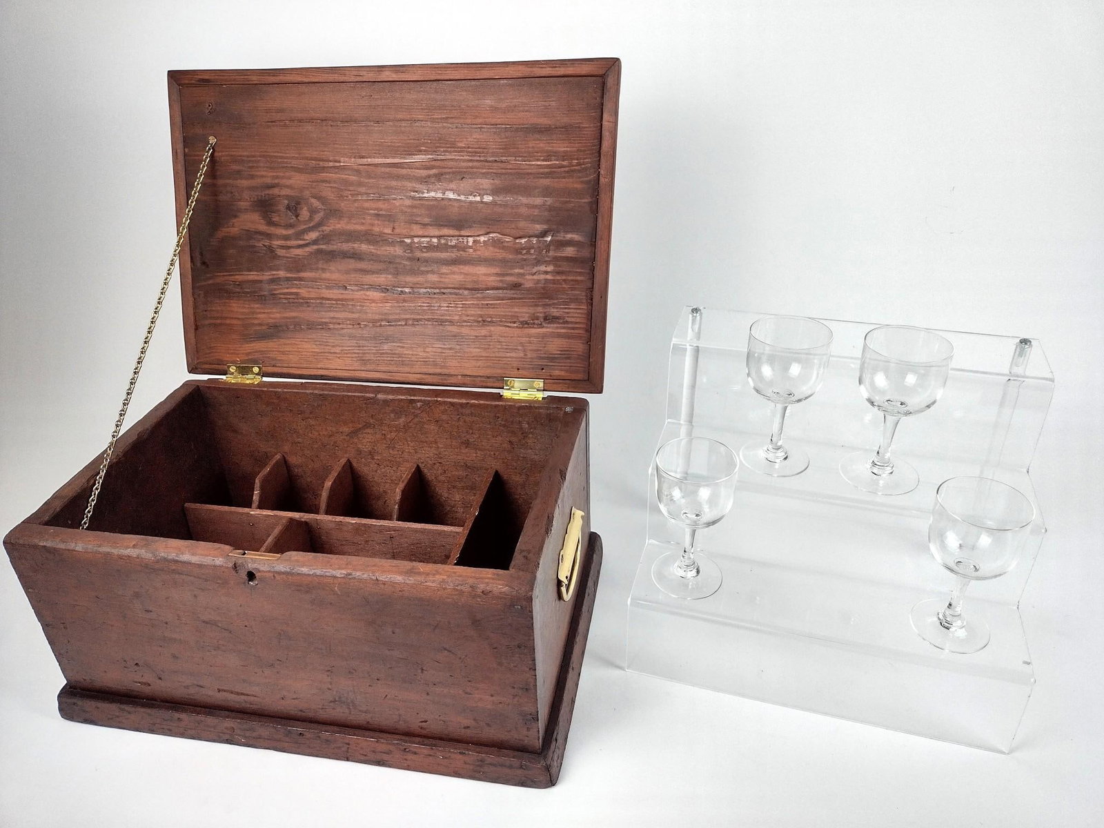 Vintage Tantalus: Includes 4 pieces stemware inside wood case. Case: 17" wide x 11-1/2" deep x 8-3/4" high.