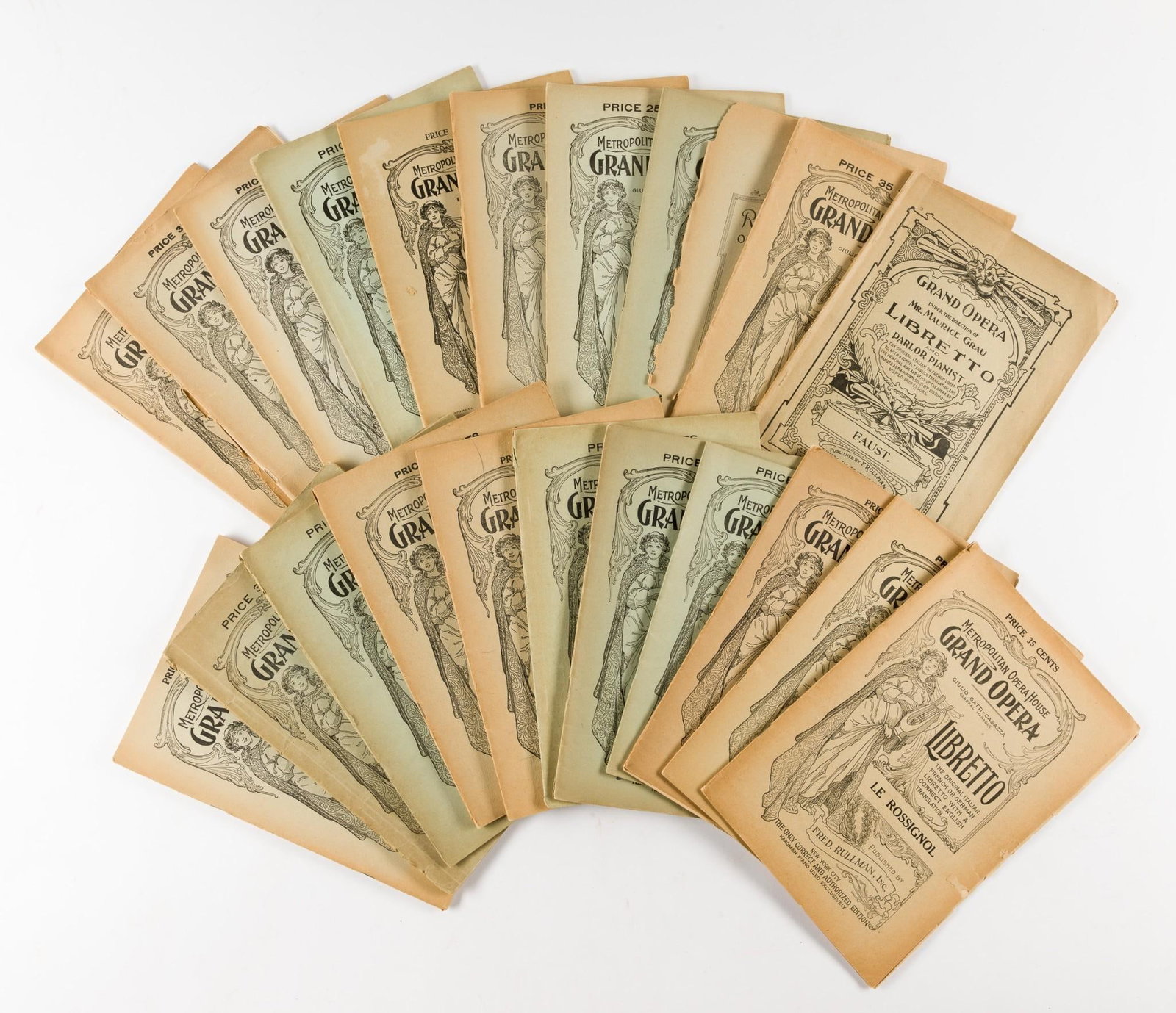 Grouping of Grand Opera Ephemera: Includes Faust, Ernani, Tristan and Isolda, and more. All in acceptable condition with some torn front covers. Due to being in storage for a number of years, please note that these books may contain s