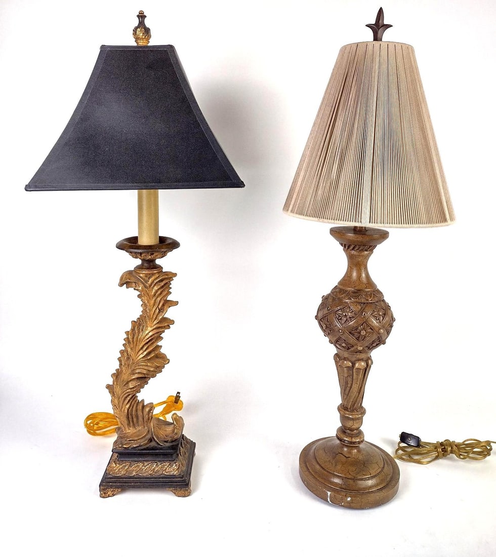 2 Decorator Table Lamps: Not matching. Working. 9-1/2" to 11-1/4" wide x 29-1/4" to 29-3/4" high. Minor finish losses and white paint on base of one.
