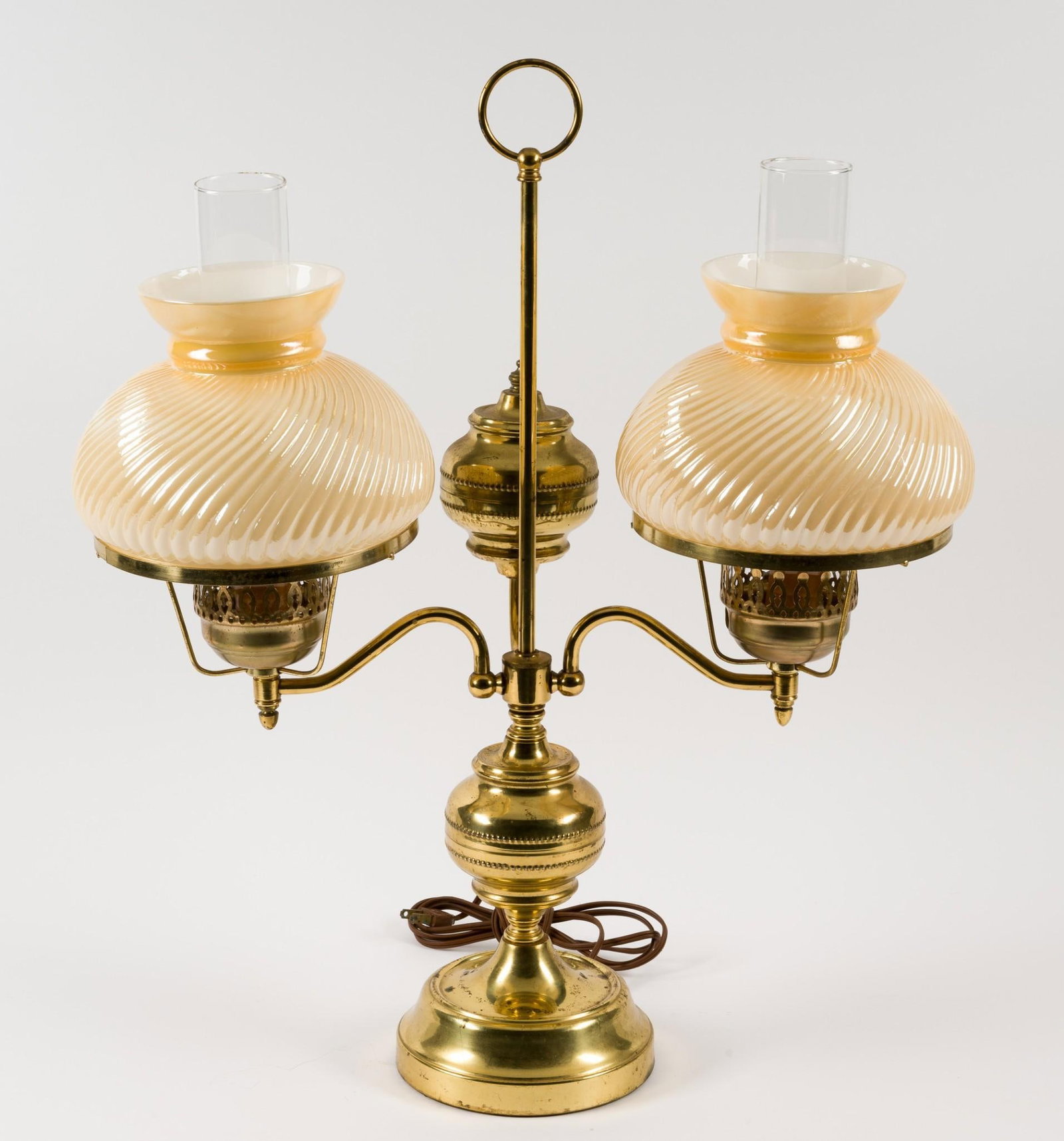 Double Student Lamp with Lusterware Shades: Working. 20" wide x 23-1/3" high. Some finish losses and oxidation to lamp base. LR