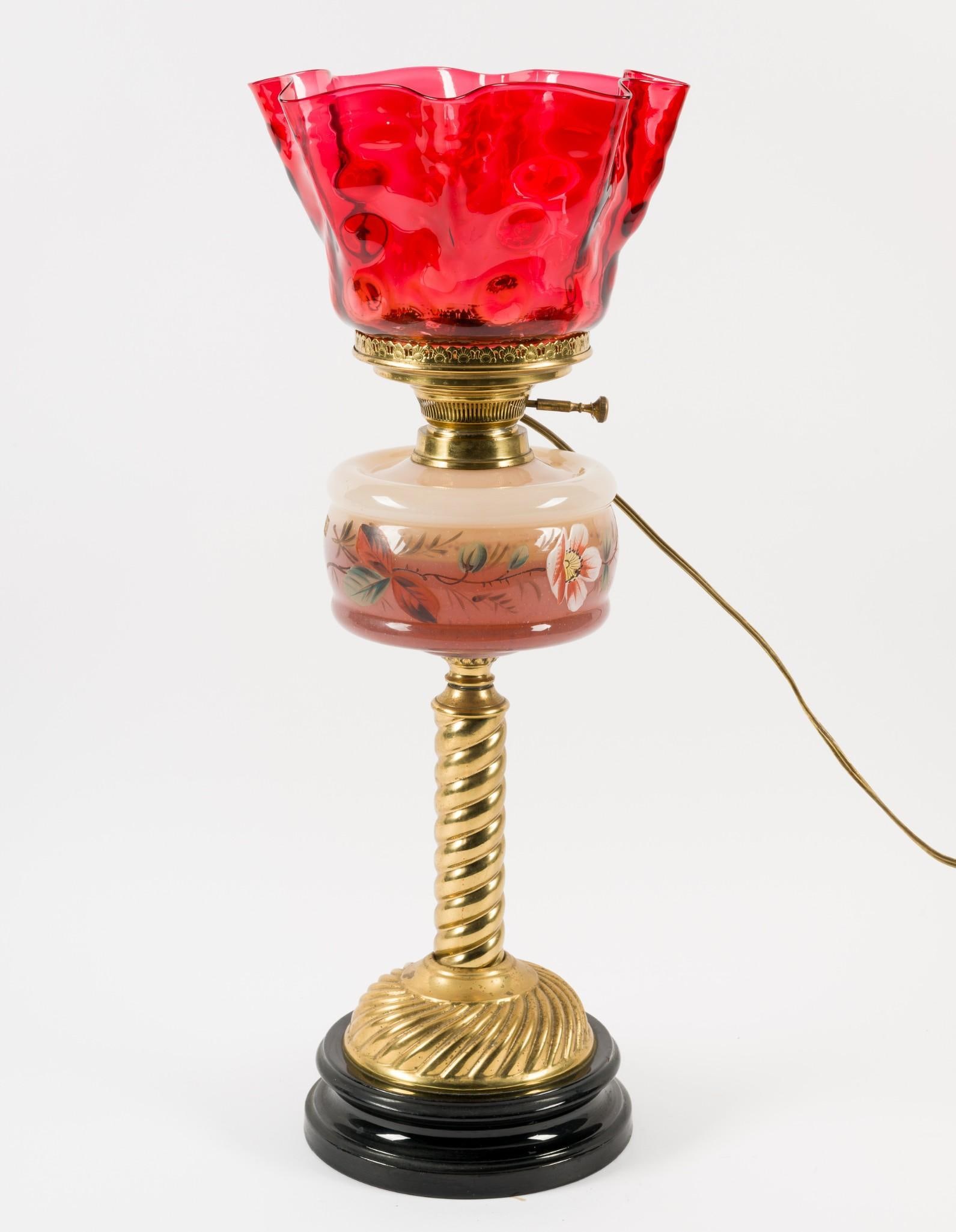 Antique Painted Banquet Lamp with Ruby Shade: Working. 9-1/2" diameter x 23" high. Oil in font. Electrified lamp. LR