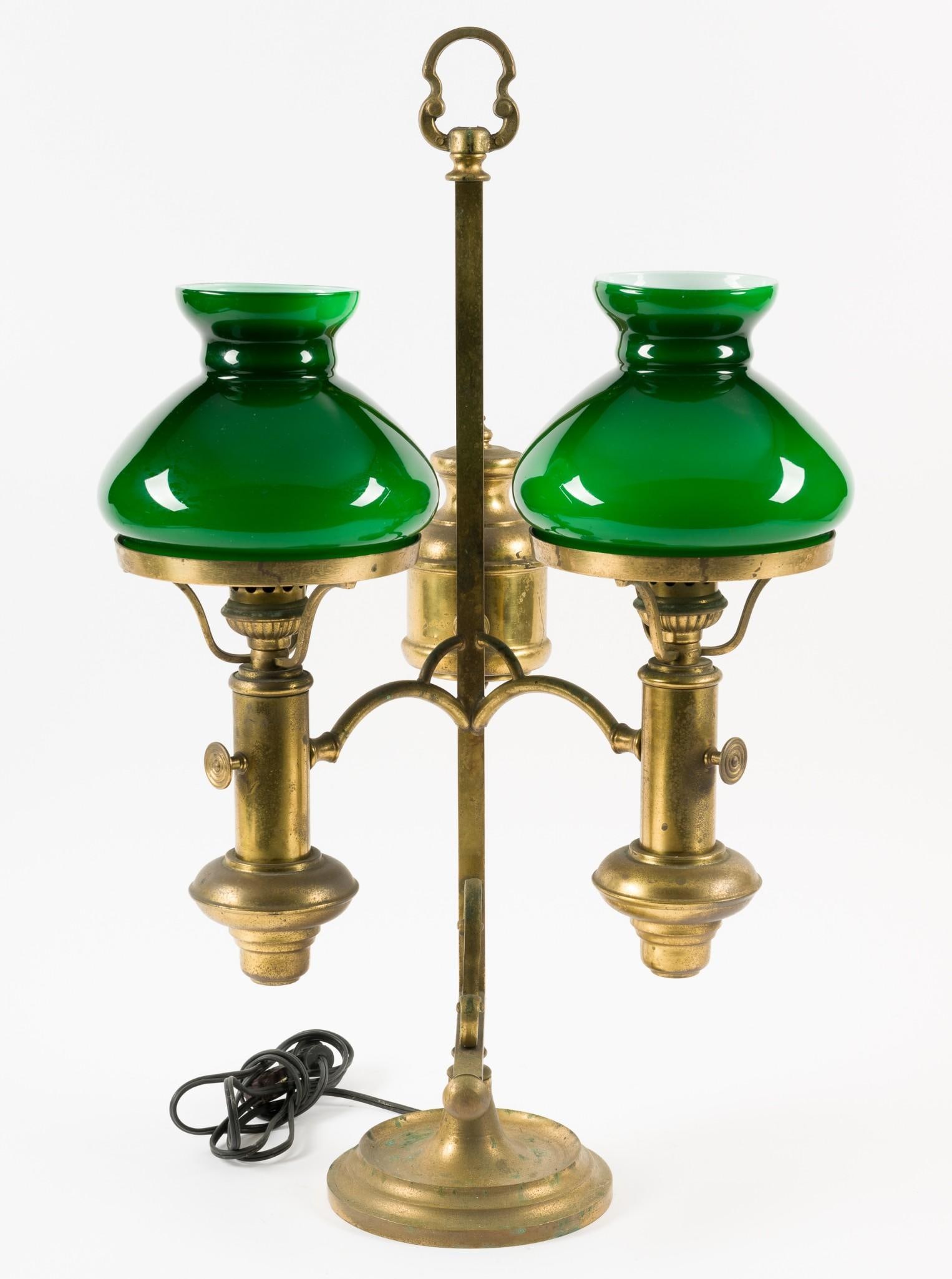 Double Student Lamp with Emerald Shades: 15-1/2" wide x 12" deep x 25" high. Some finish loss and oxidation. LR