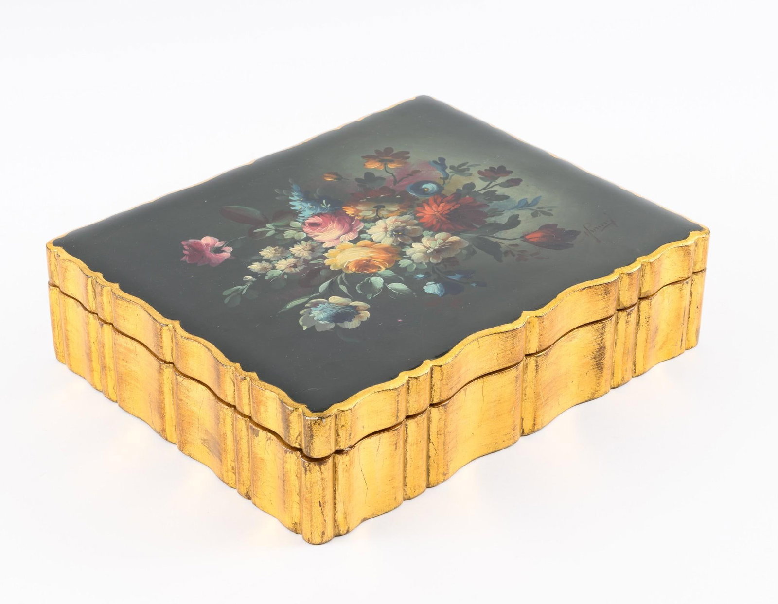 Signed Old Master Style Dresser Box: 11-1/4" wide x 9-1/4" deep x 3" high. Some finish losses and cracks to paint. LR