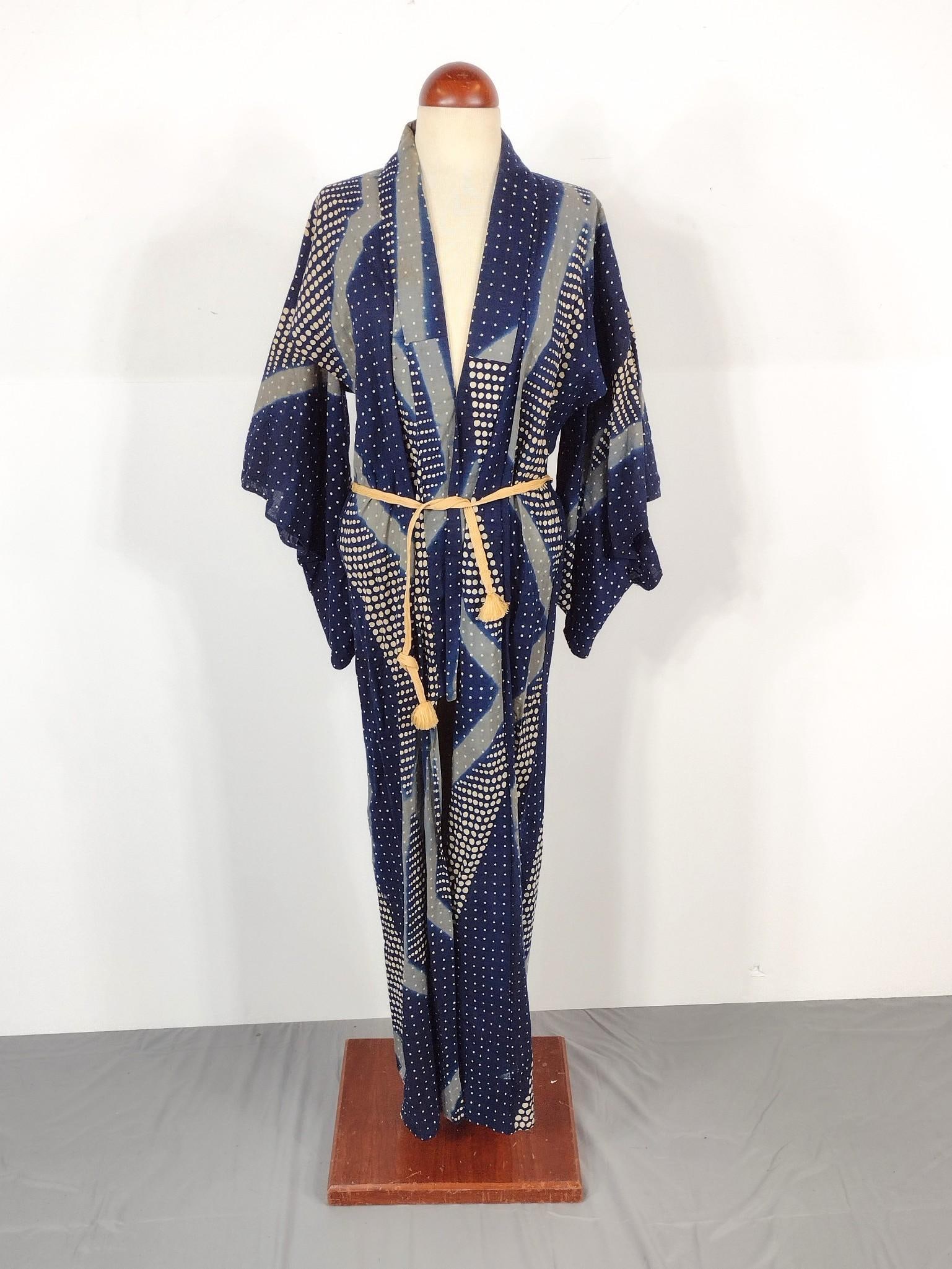 Blue and White Kimono: No markings. 18" shoulder width x 58" total length. Right sleeve with some separation. Some fraying to edges. Kimono appears to have replacement belt. LR