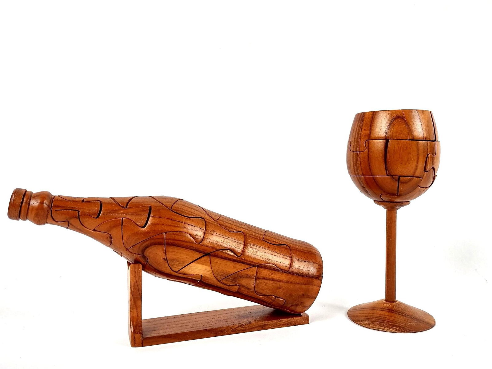 Wood Puzzle Bottle & Wine Glass: 3" to 10" wide X 5" to 7-1/4" high. Both unmarked.
