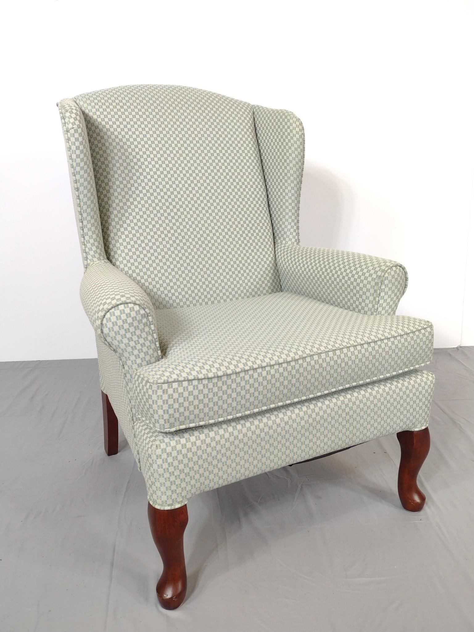 Wingback Chair: 30" wide X 32" deep X 39-1/2" high. No manufactures name found. Some impressions in fabric at back. MG.