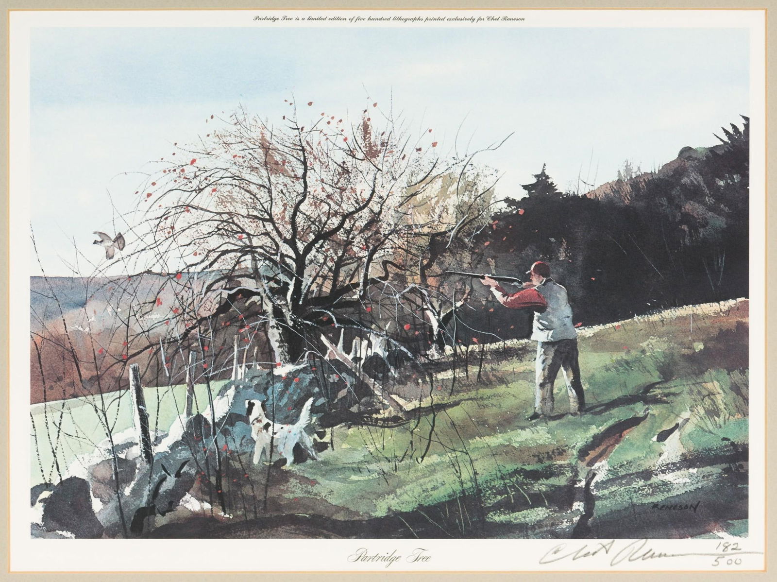 Chet Reneson "Partridge Tree" Limited Edition Print: Chet Reneson grew up `way out in the woods' near Colchester, Conn., with gun dogs and game birds on a small farm where he made his own boats and decoys and fashioned his own fly rods. He began paintin
