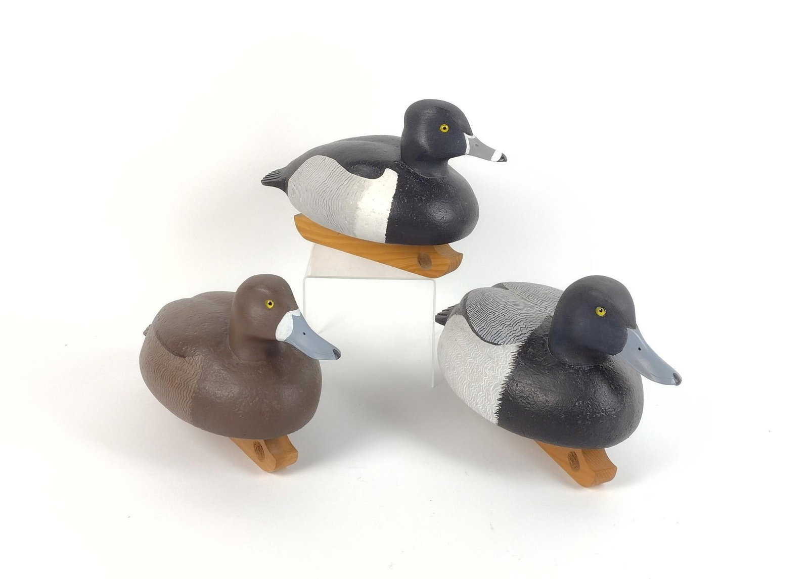 3 Blue Mountain Chapter Duck Decoys: Each approx. 11-1/2" long X 6" wide X 6-1/2" high. Made of wood and cork.