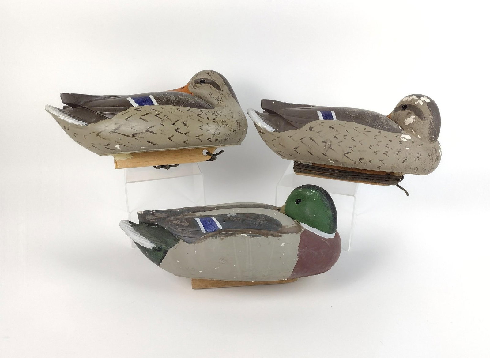 3 Vintage Duck Decoys: All foam body with wood weight. All unsigned. Each approx. 15" long x 7-1/2" deep x 8" high.