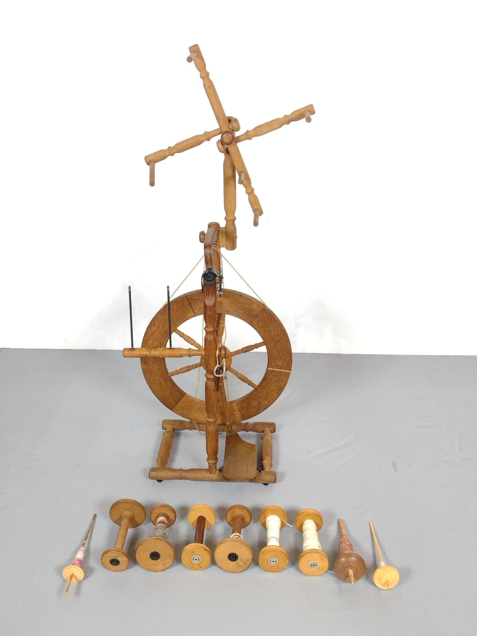 Spinning Wheel With 9 Spools: 13" wide X 19" deep X 52" high. MG.