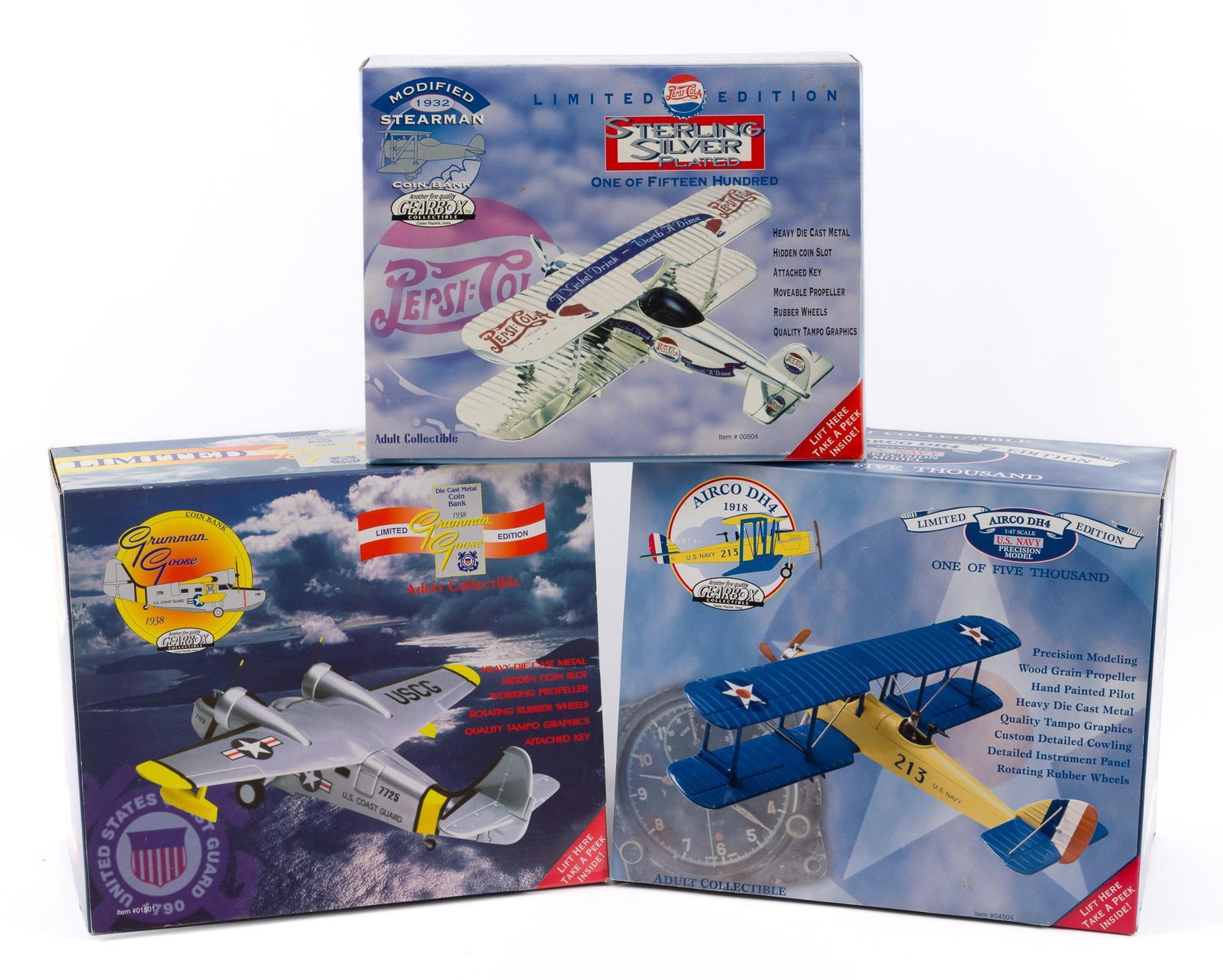 3 Gearbox Airplane Coin Banks: Incl Airco DH4 coin bank, Stearman Pepsi Co coin bank, and Grumman Goose coin bank. All limited edition, 1 of 5000. Made of die cast. All in original box. Made by Gearbox in 1997. RS